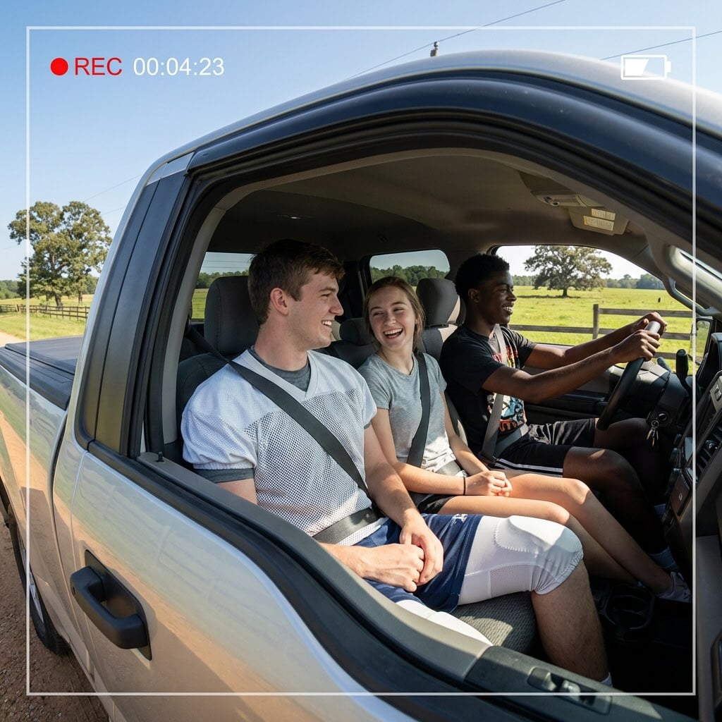 Teens wearing seat belts in a truck on a rural Georgia road — Seat Belts Save Us, Your Video Could Too